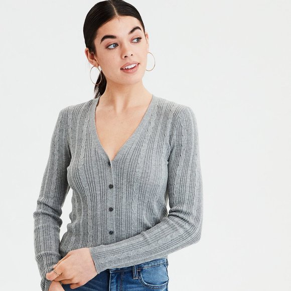 American Eagle Bodycon Cable Knit Gray Cardigan Sweater - Picture 1 of 4